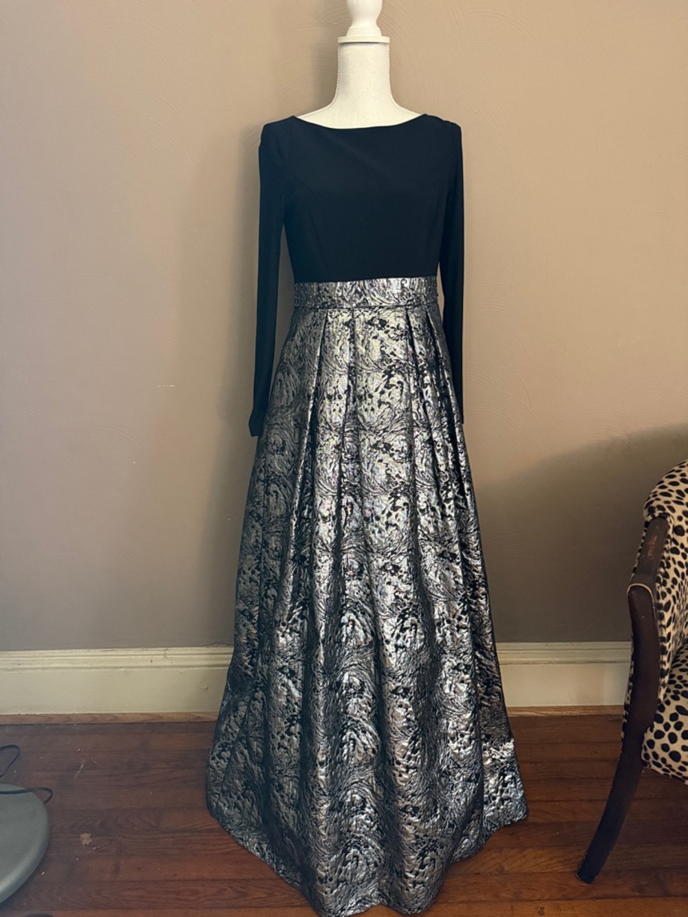 Cachet Black Bodice Silver Brocade Full Skirt Gown